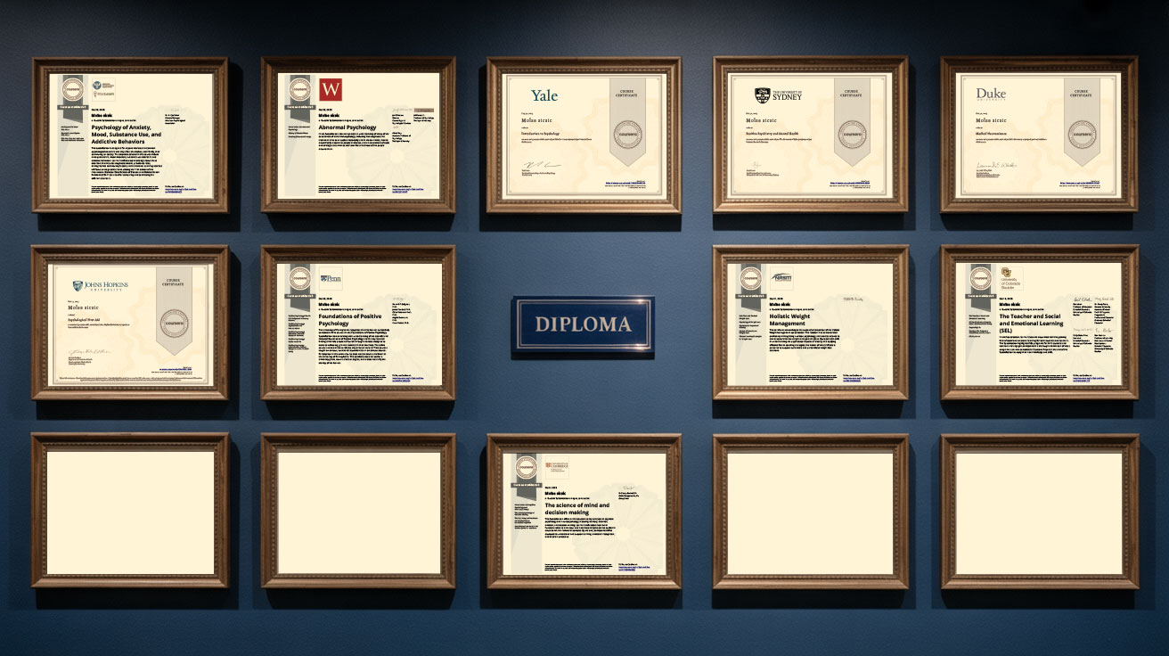 Sélection d'attestations et certificats officiels (Yale, Cambridge, Duke, Johns Hopkins, Penn, Sydney, APA, NASM, Wesleyan, Colorado Boulder)